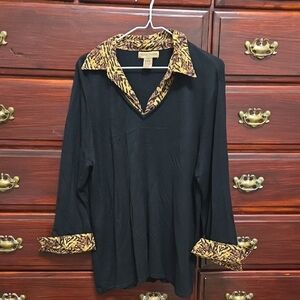Vintage Notations Black Sweater With Animal Print Collar And Sleeve Cuffs